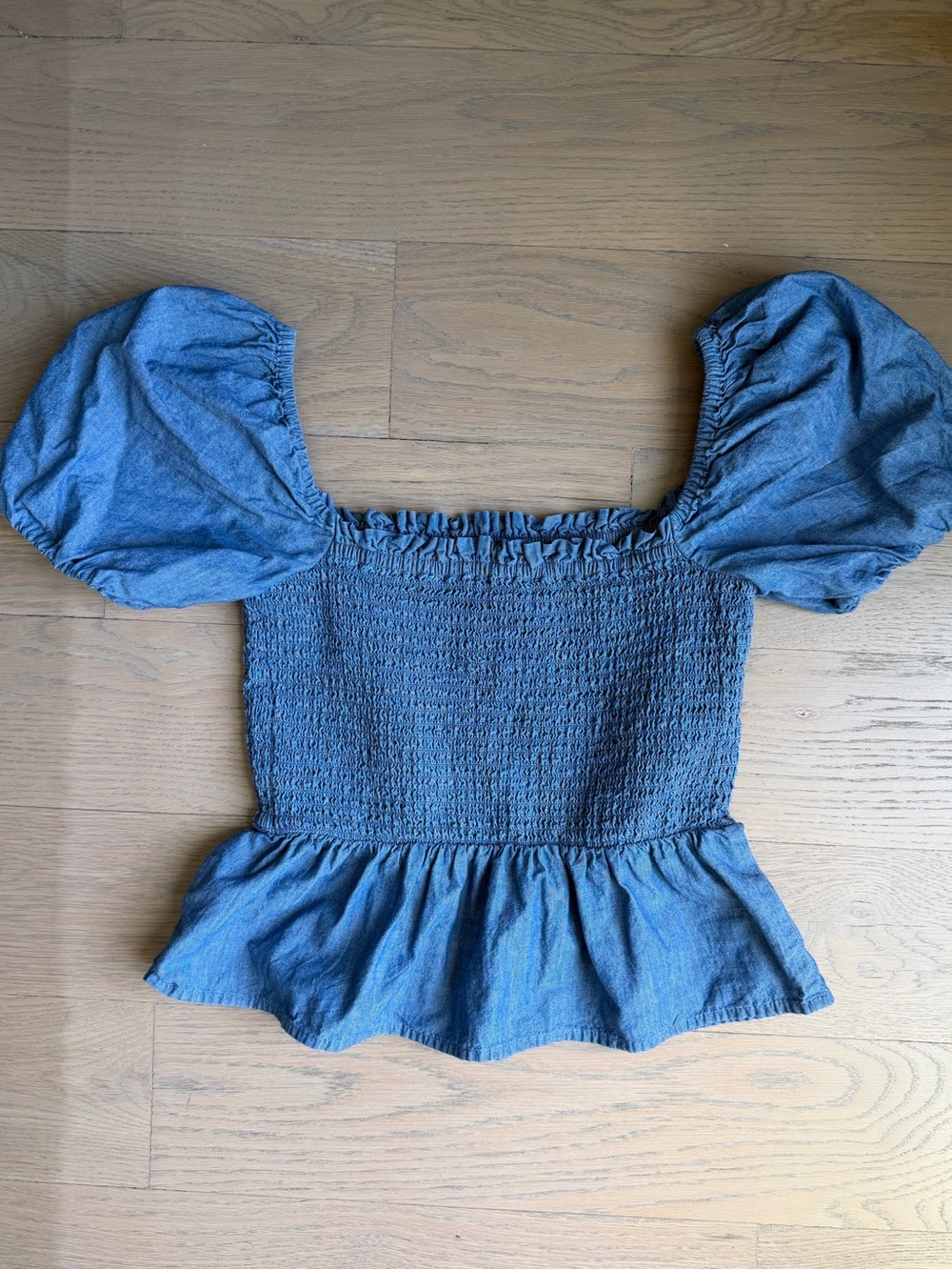 J. Crew Blue Smocked Puff-Sleeve Peplum Crop Top